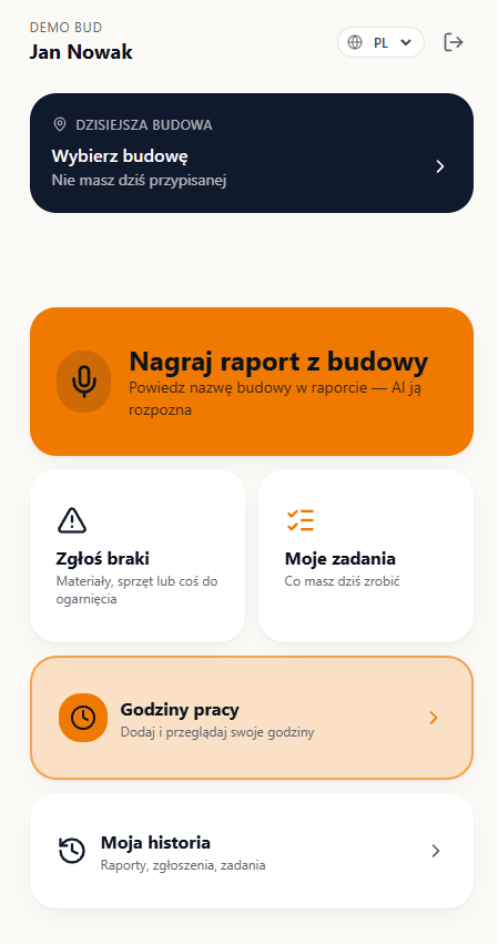 Panel pracownika dodającego raport z budowy w RaportBud