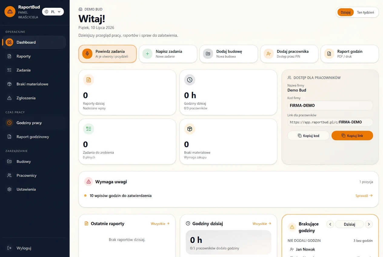 Panel właściciela w aplikacji dla firm budowlanych RaportBud